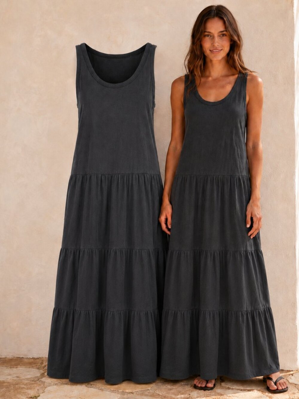 Sol Angeles Black 100% Cotton Maxi Dress L Coastal Boho Travel Beach Vacation